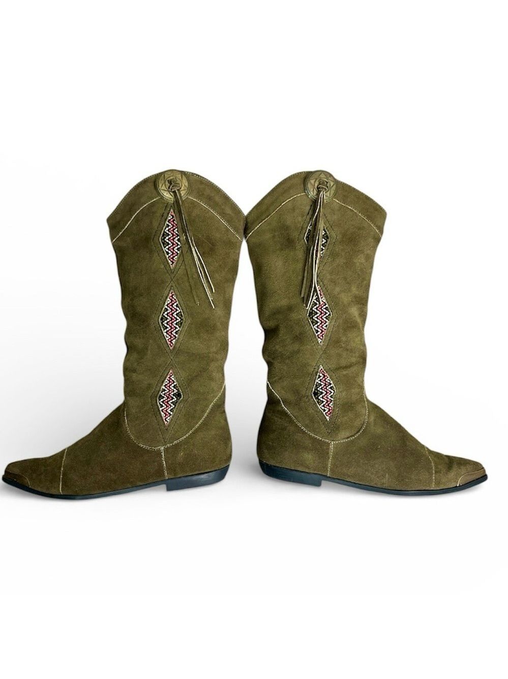 Vtg 80s Kaufman Canada green suede embroidered tassel western mid calf boots 8 - Picture 3 of 15